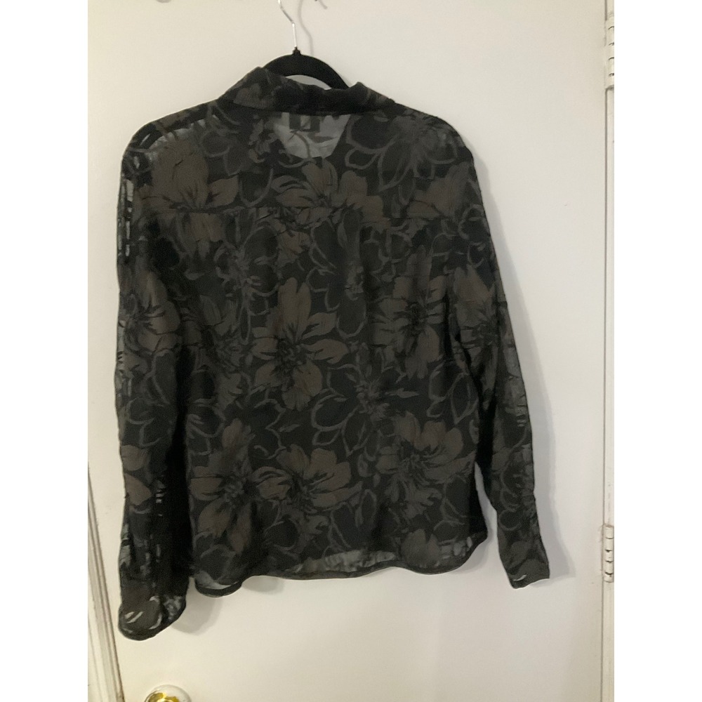 Chicos Black Floral Burnout Button Down Blouse Size 2 Large Long Sleeve Sheer